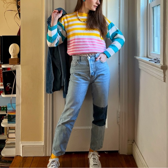 Colorful 80s Acrylic Striped Sweater Made in USA XS/S Crewneck Knit Pullover - Picture 11 of 11